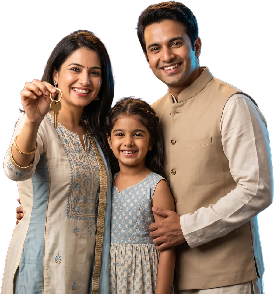 A smiling family holding the keys to their new home