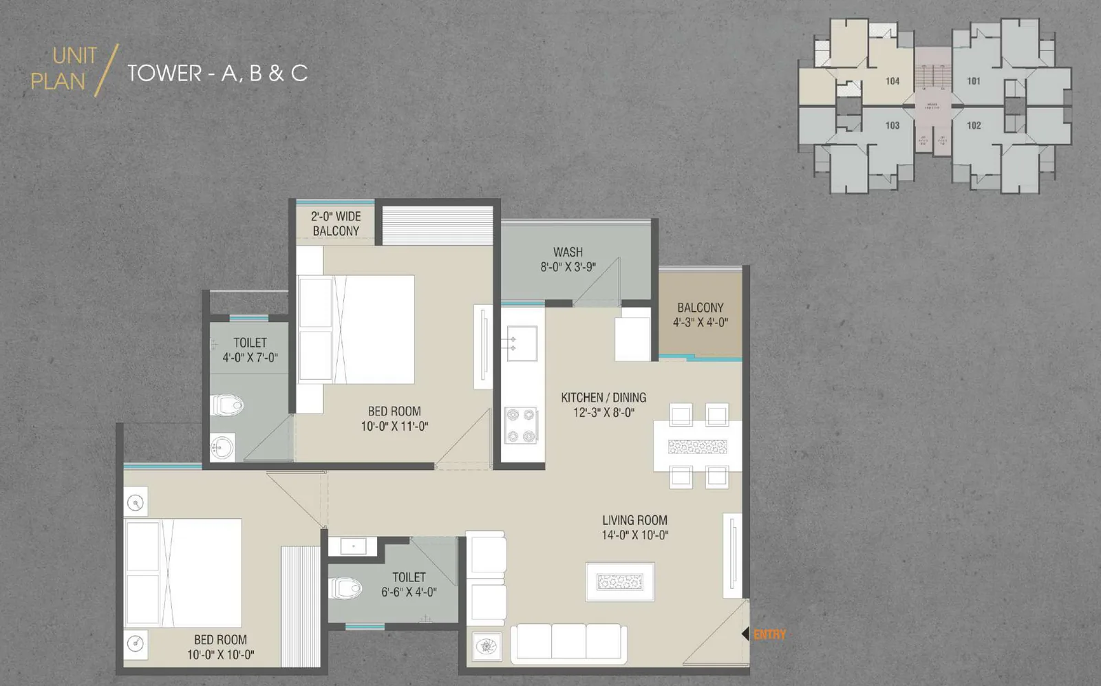 Type I 2 BHK unit plan for Towers A, B and C