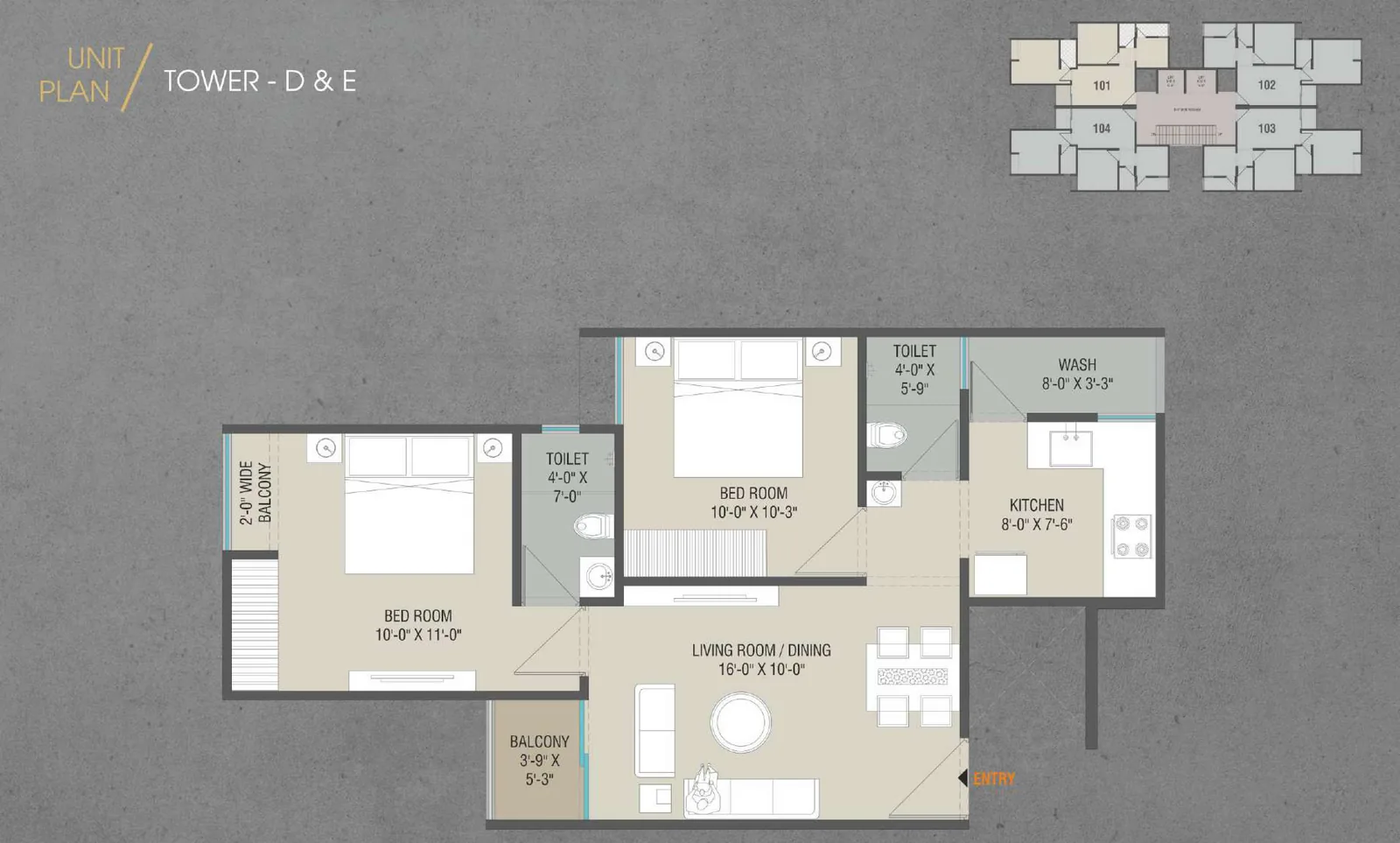 Type II 2 BHK unit plan for Towers D and E