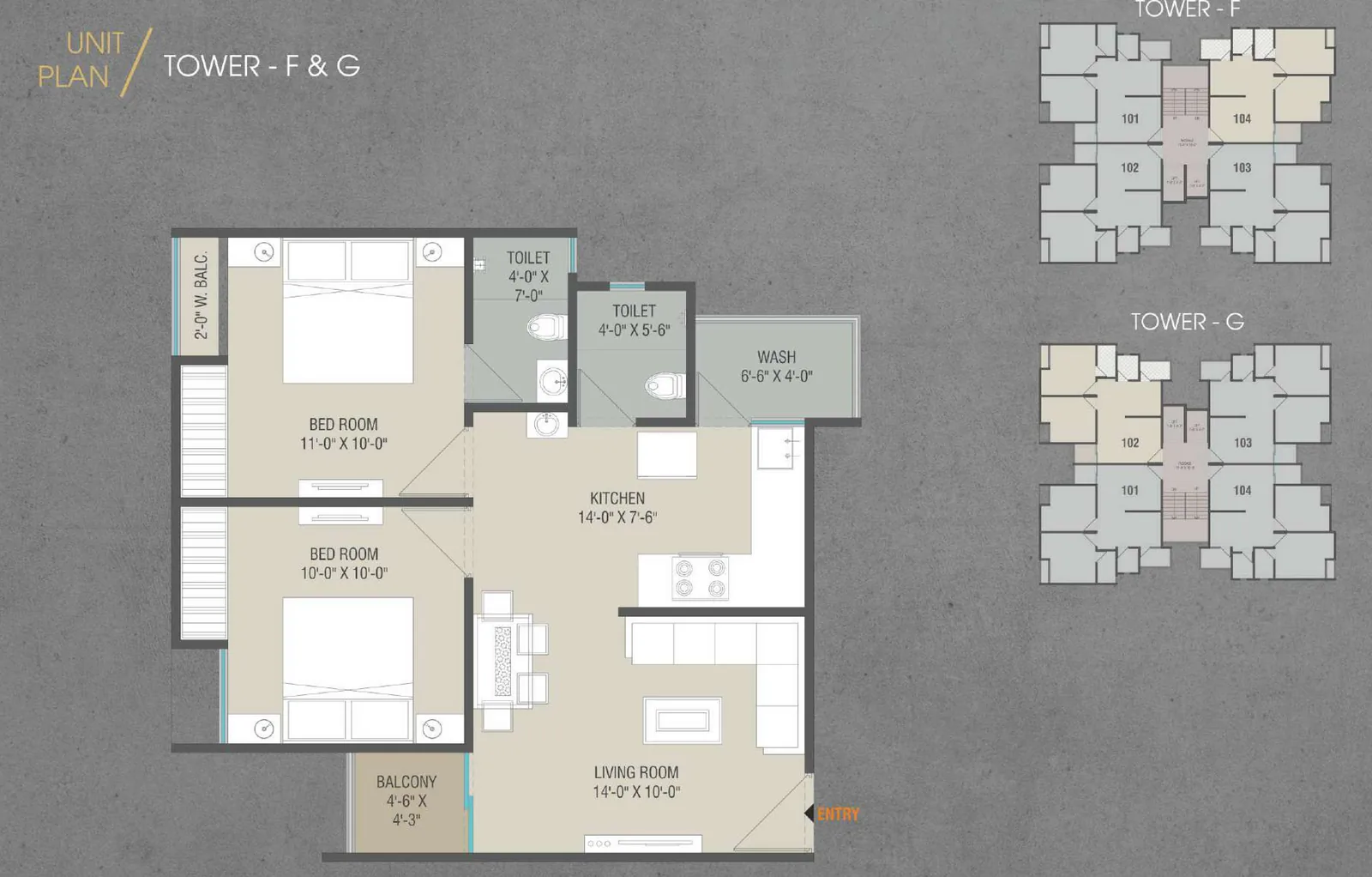 Type III 2 BHK unit plan for Towers F and G