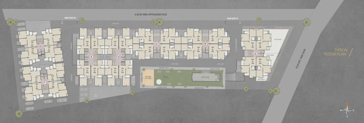 Seven Sky master plan showing towers A to G, garden, clubhouse and gates